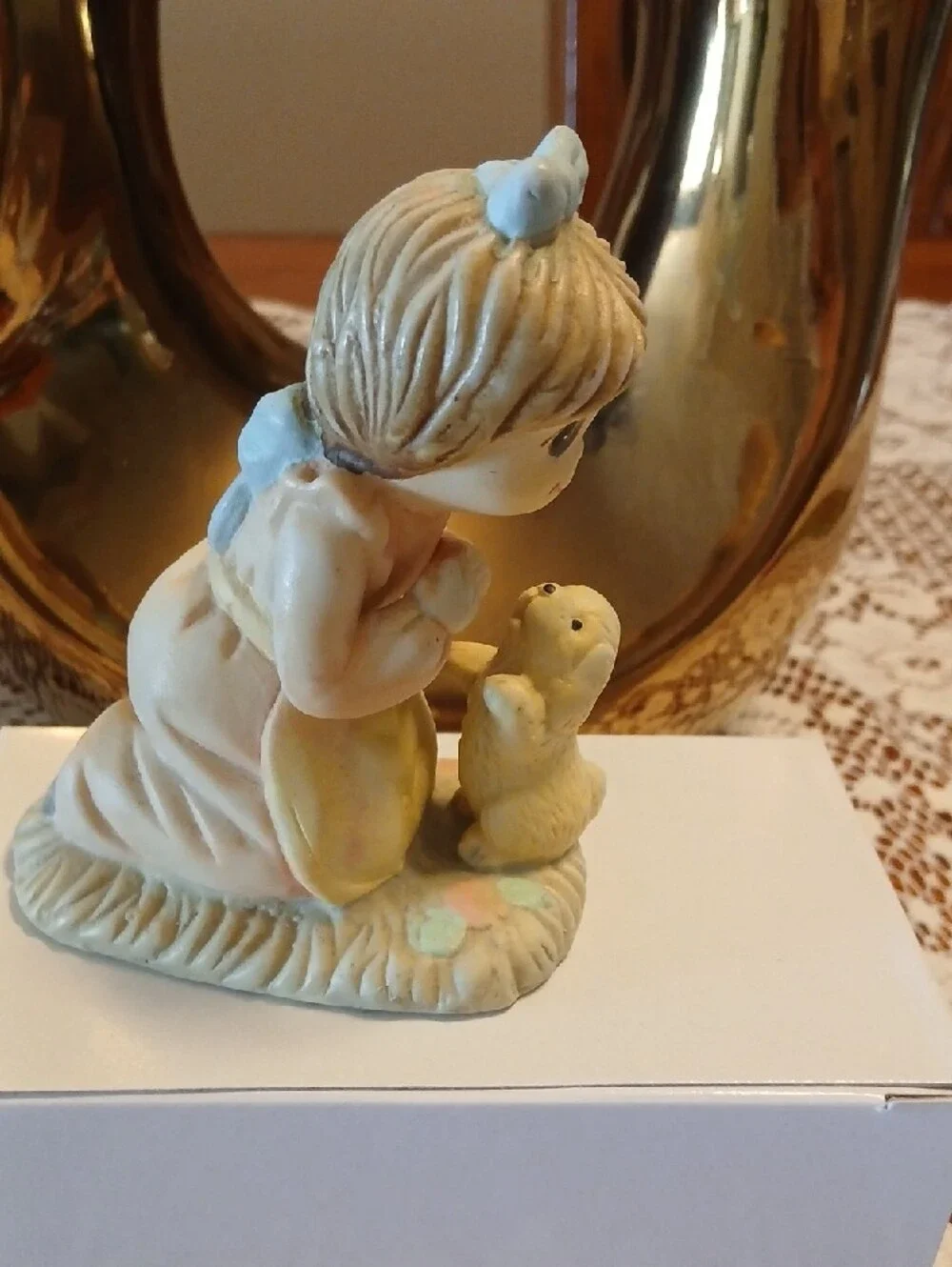 Ceramic Girl Figurine with Puppy - Pastel Blue Accent